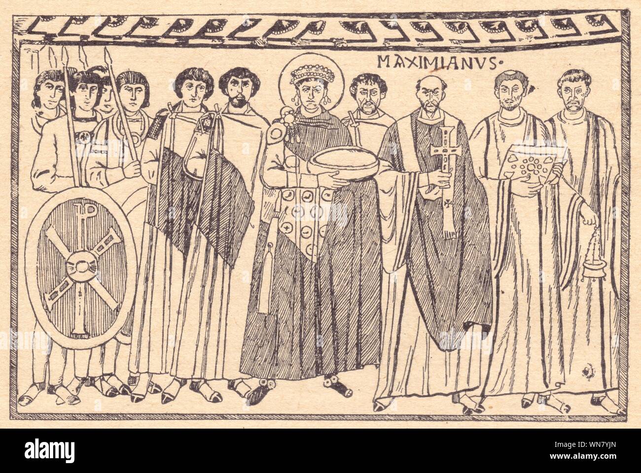 L'Empereur Justinien et sa suite. Mosaïque de l'église Saint-Vital à Ravenne. VI ème siècle Banque D'Images