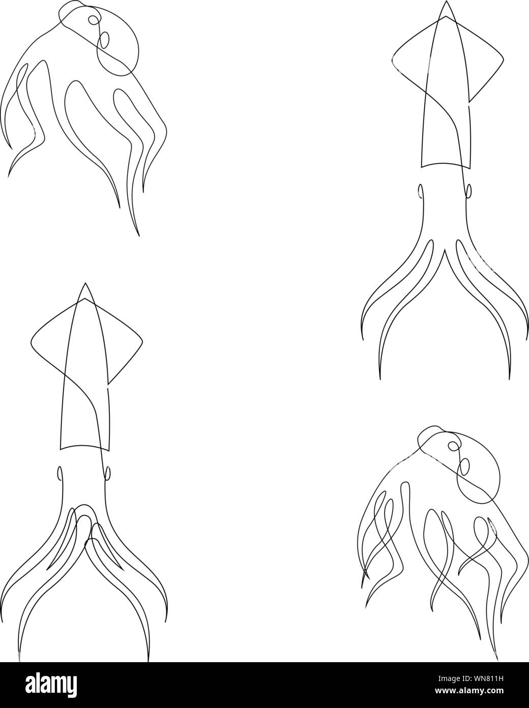 Pieuvres et calmars illustration dessinée par une ligne. Style minimaliste set vector illustration Illustration de Vecteur