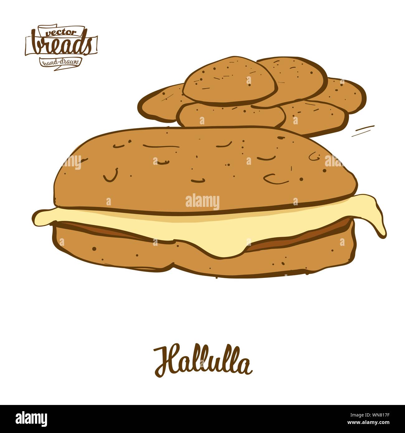 Dessin couleur d'Hallulla pain. Vector illustration d'un pain plat de nourriture, habituellement connu au Chili. Pain de couleur des croquis. Illustration de Vecteur