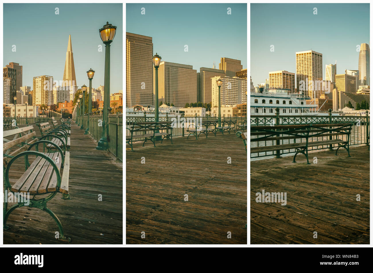 La présentation en format triptyque de l'avis du centre-ville de San Francisco, Californie, États-Unis du Quai 7, au lever du soleil. Banque D'Images