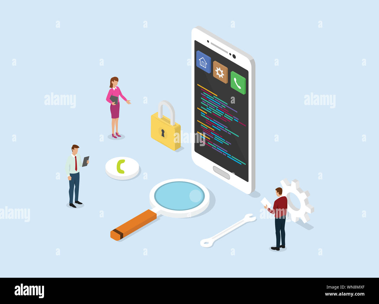Concept de développement d'applications business avec le smartphone et de programmation de code de script avec style télévision isométrique - vector illustration Banque D'Images