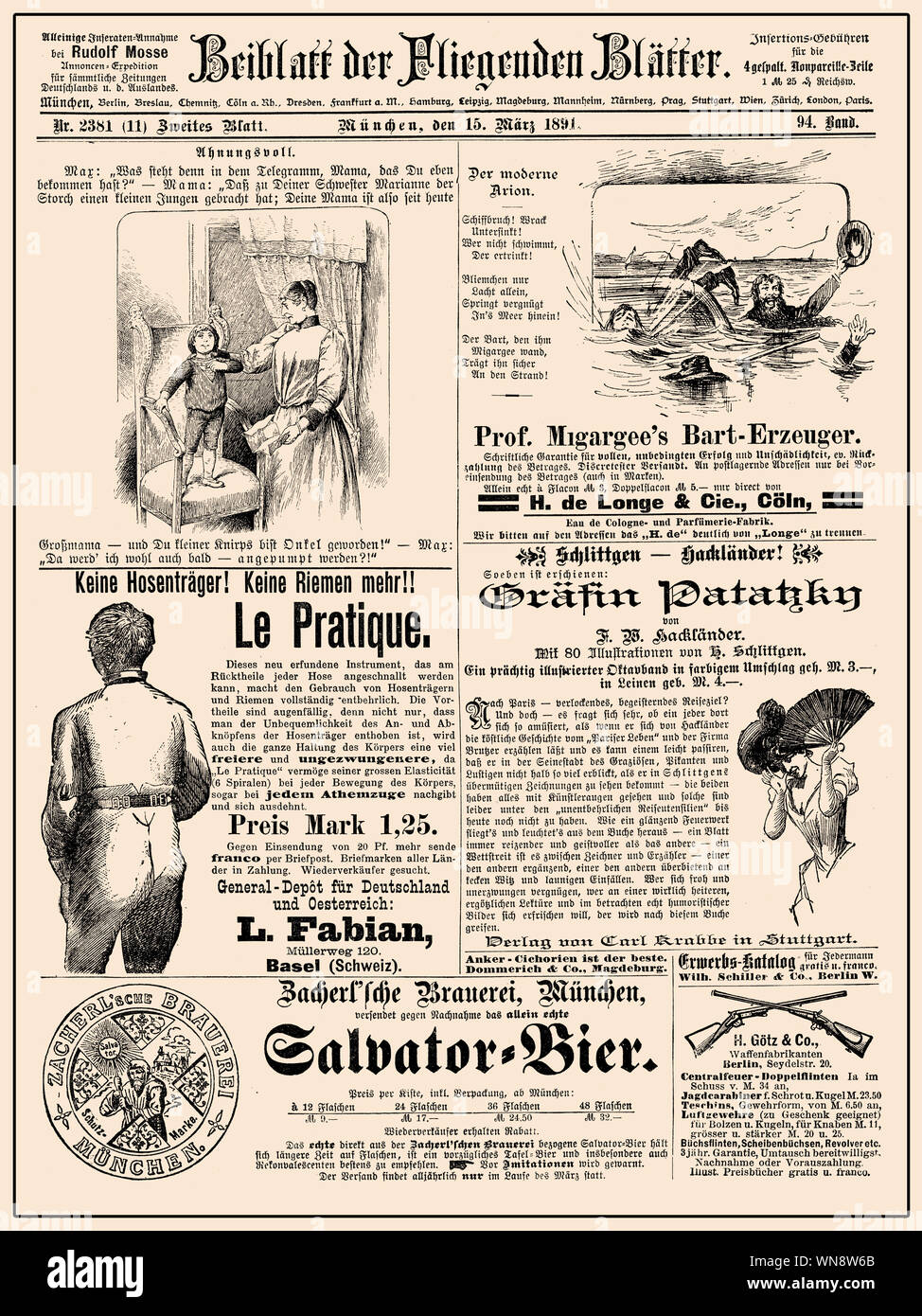 La publicité dans les magazines commerciaux page en Allemand avec de nombreuses bannières promotion,vignettes et des caricatures ; daté 1891 Banque D'Images