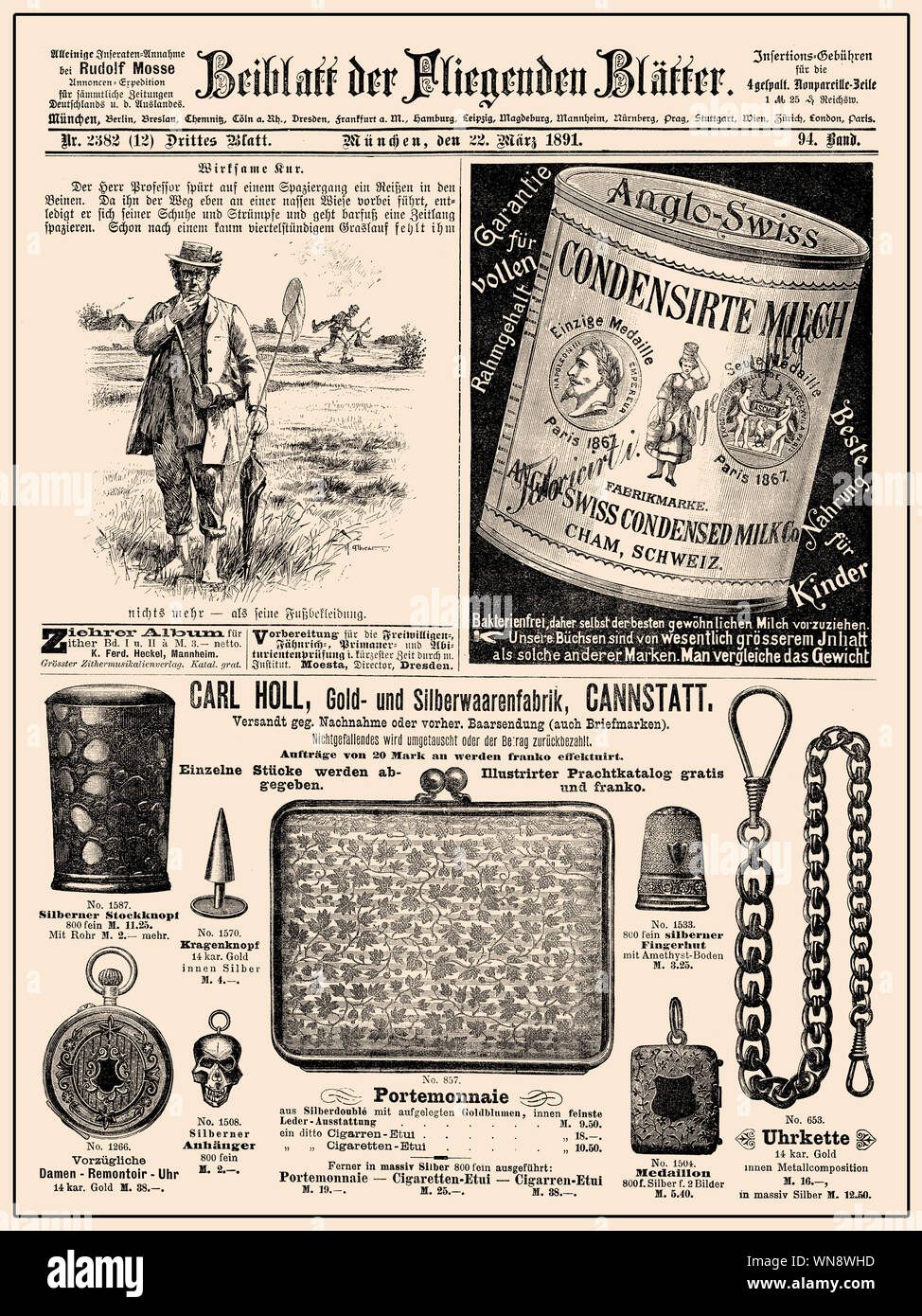 La publicité dans les magazines commerciaux page en Allemand avec de nombreuses bannières promotion,vignettes et des caricatures ; daté 1891 Banque D'Images