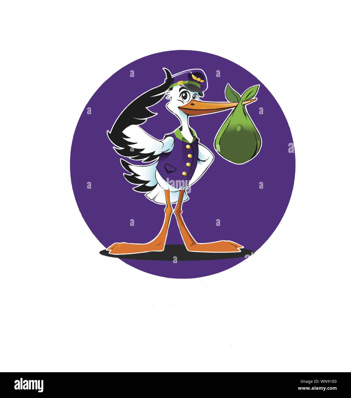 Pelican dessin animé avec un bec ouvert grand battant portant un sac., d'une cigogne héron ou tient un sac dans son bec., illustration., Banque D'Images