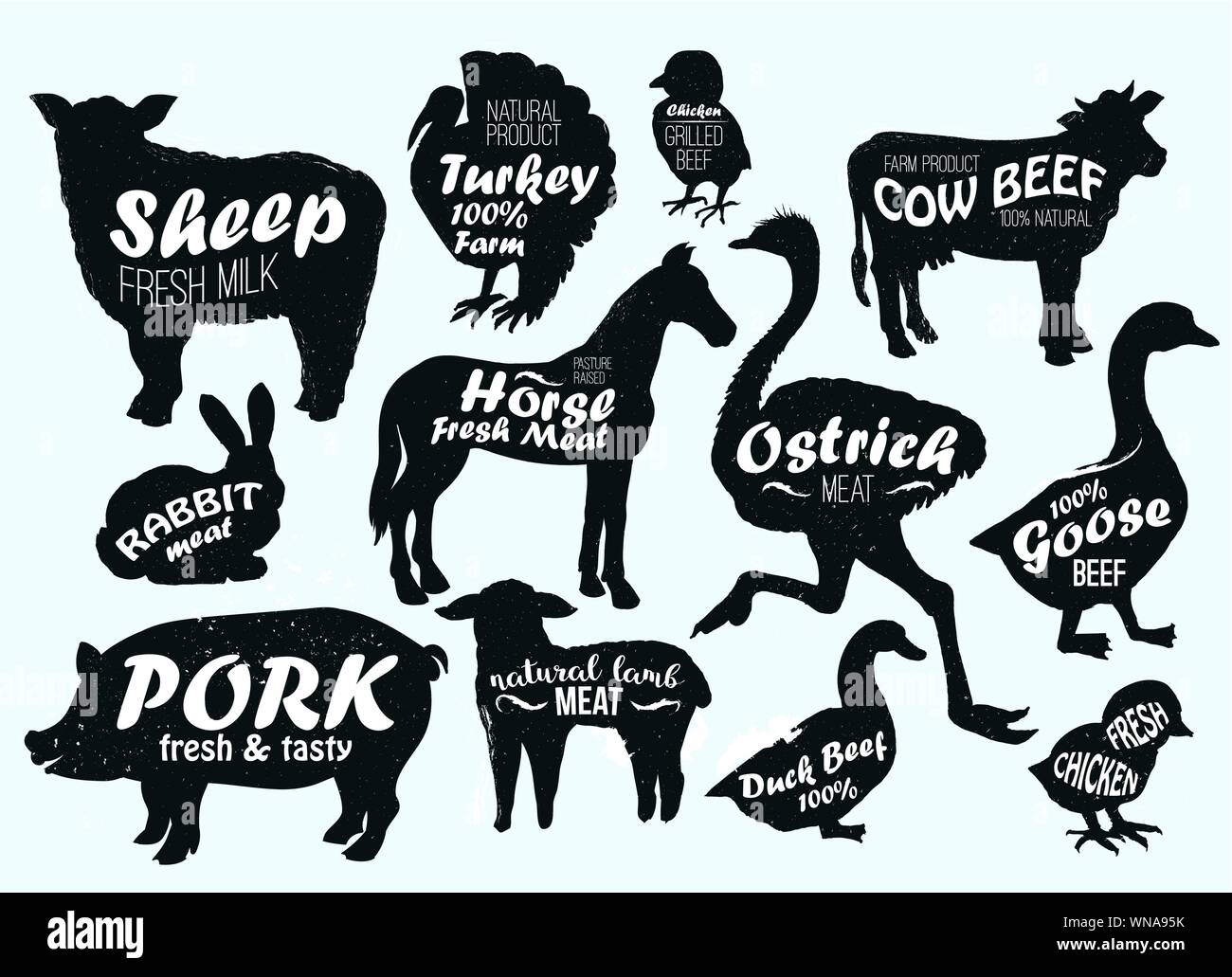 Les animaux de ferme vintage logo modèles texturés. Style rétro des silhouettes d'animaux, cheval, vache,Turquie,poulet,vache mouton, l'autruche, d'oie, de canard, de porc, d'agneau et de lapin. Peut être utilisé pour des bannières Illustration de Vecteur