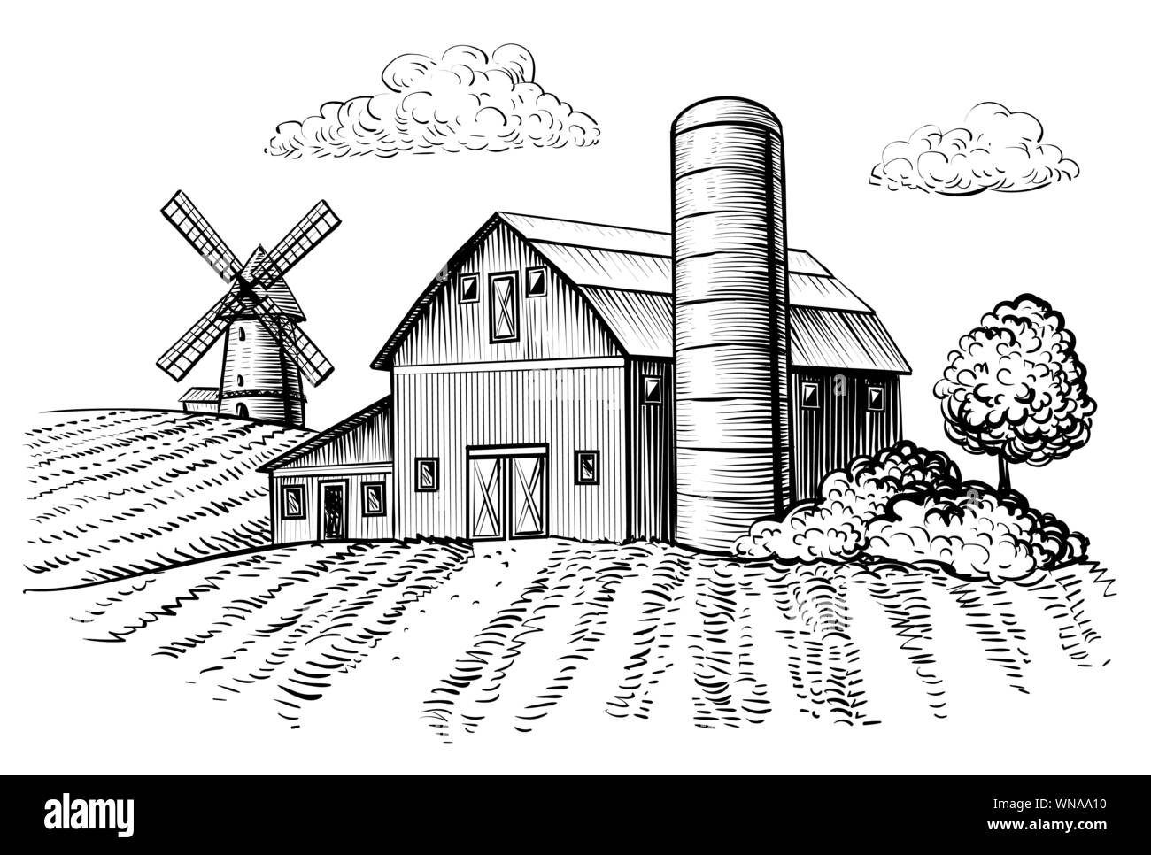 Paysage rural, ferme grange et moulin de croquis. Part attirer l'illustration de campagne pittoresque naturel. Ferme agricole et sur le terrain. L'image monochrome contours vectoriels Illustration de Vecteur