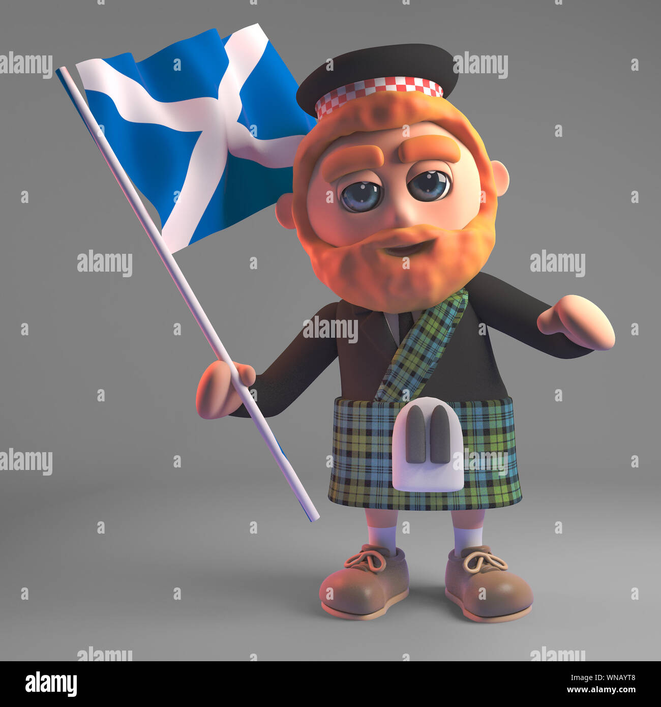 Écossais 3d homme en kilt écossais brandissant le drapeau, illustration 3D render Banque D'Images