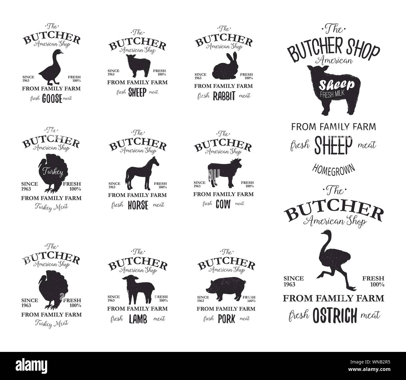 Butcher Shop américain design étiquettes ensemble avec la Turquie Autruche, oiseau, cheval, vache, l'agneau. Les animaux de ferme logo grunge des modèles. Silhouettes d'animaux. Peut être utilisé pour des bannières, publicité typographie Illustration de Vecteur