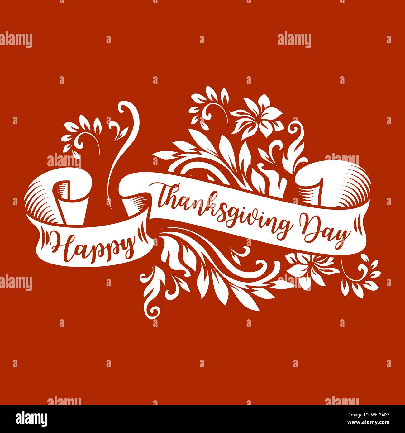 Joyeux Thanksgiving tient sur vintage ruban blanc. Handdrawn ruban blanc avec lettrage sur fond brun pour les vacances de Thanksgiving. Illustration de Vecteur