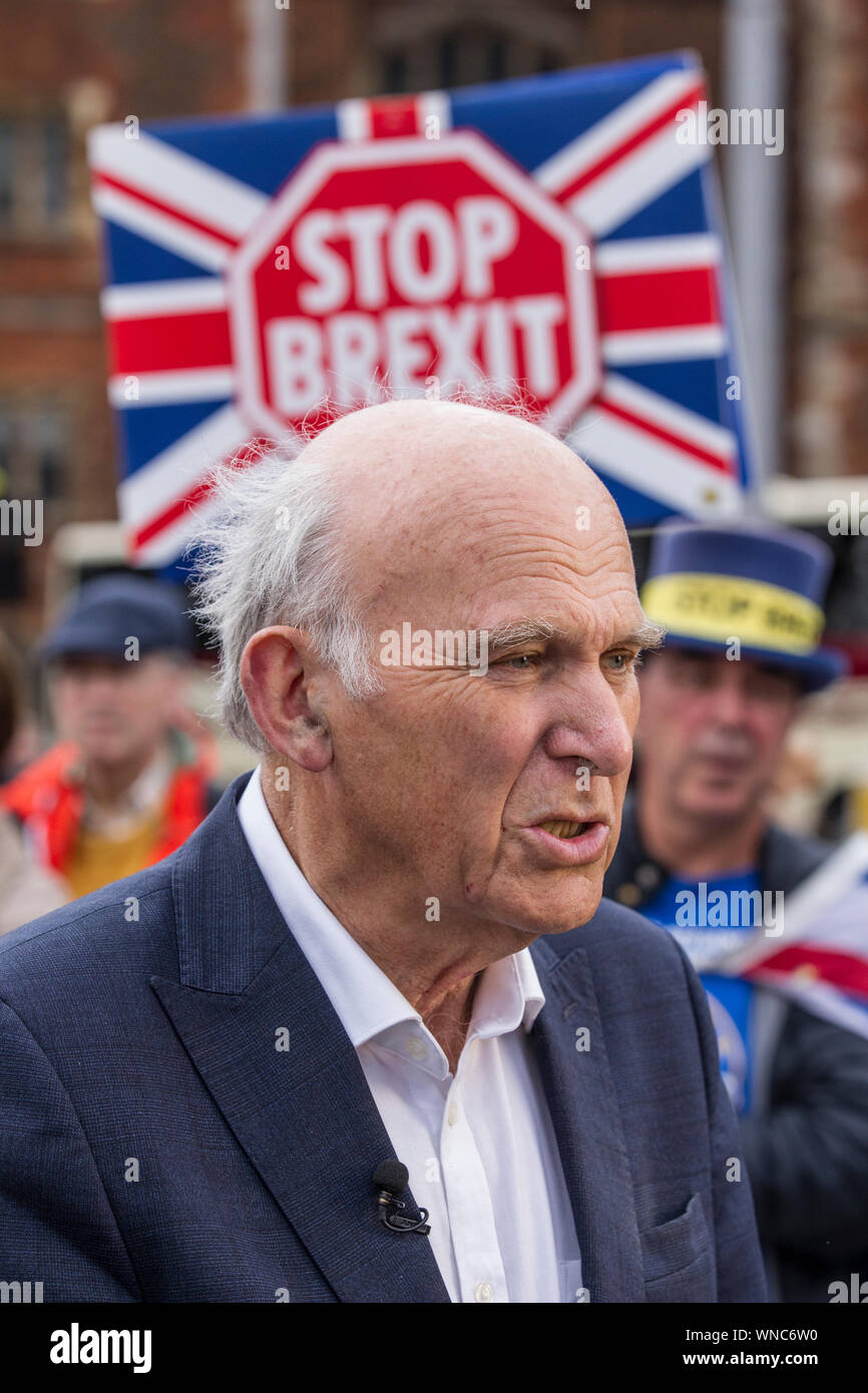 Vince Cable a rejoint par des militants et des nouveaux députés Libdem pour célébrer le meilleur résultat des élections européennes dans l'histoire du parti, Lambeth, London, UK Banque D'Images