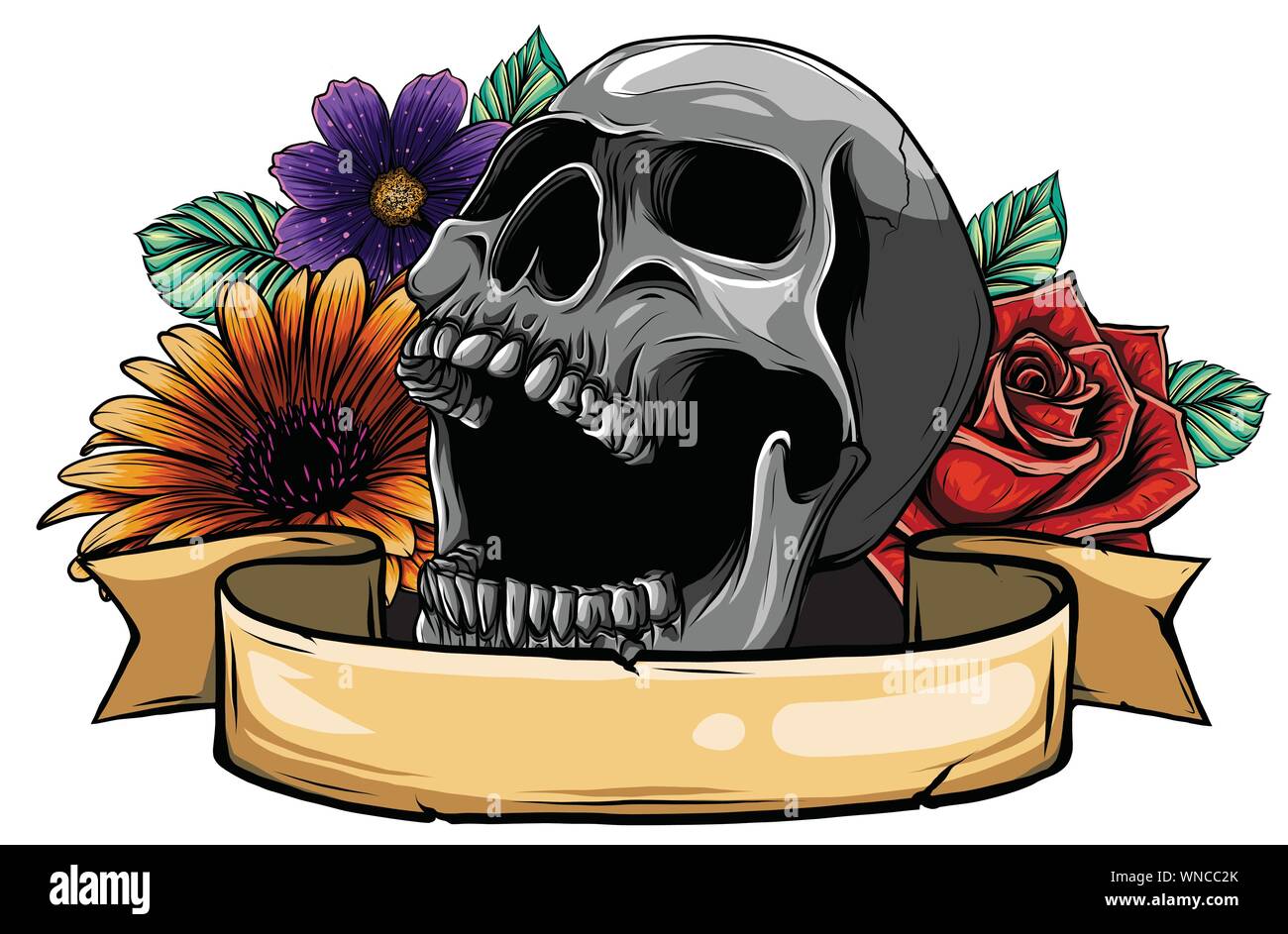 Crâne. Silhouette crâne Hipster avec moustache et apparaissait dans les dents avec ruban et bouquet de roses sur un fond. Illustration de Vecteur