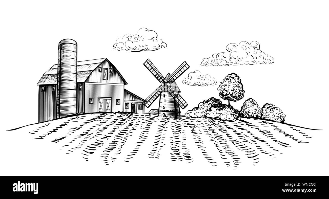 Grange de ferme et moulin à vent sur le terrain agricole paysage rural part style croquis illustration horizontale. Le noir et blanc paysage rural vector illustration Illustration de Vecteur