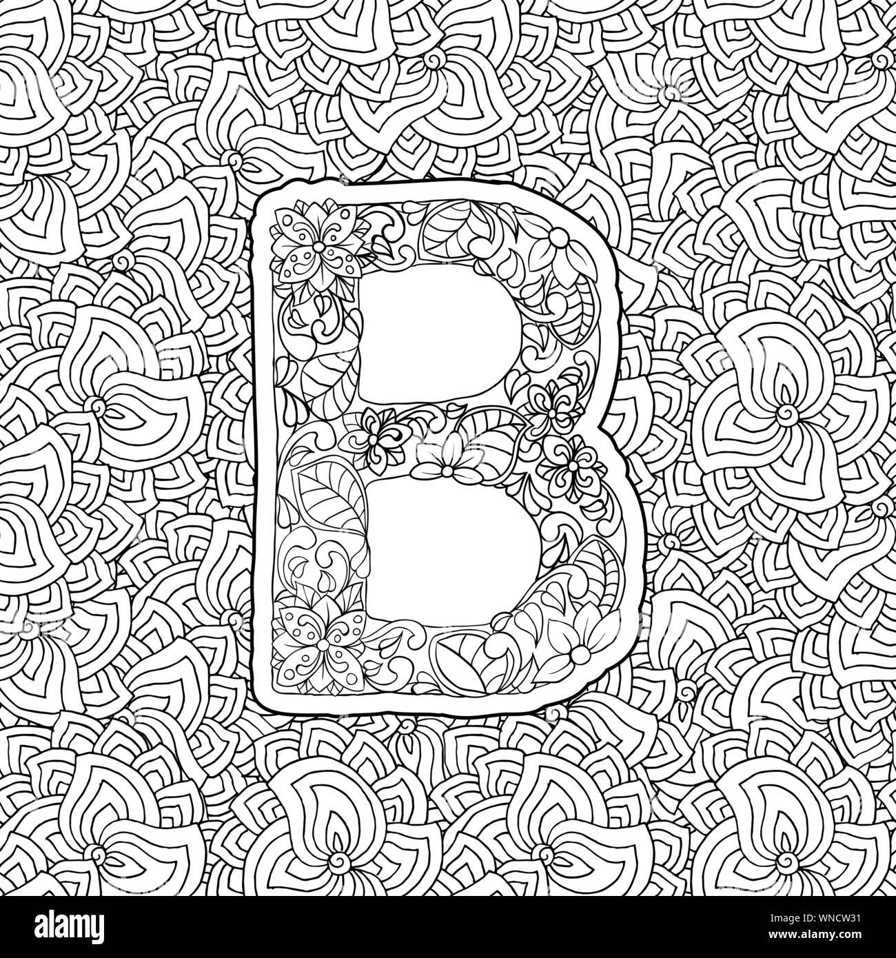 Livre de coloriage ornement floral Alphabet, lettre initiale B Font. Typographie vecteur symbole. Page antistress pour les adultes et les monogrammes ornement isolé sur fond à motifs de conception Illustration de Vecteur