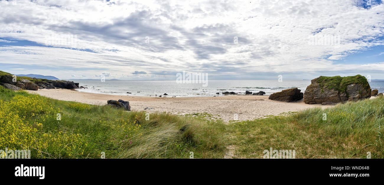 Vue panoramique de la plage face à la mer sur la côte ouest de l'Écosse entourée de rochers,pelouse et fleurs Banque D'Images