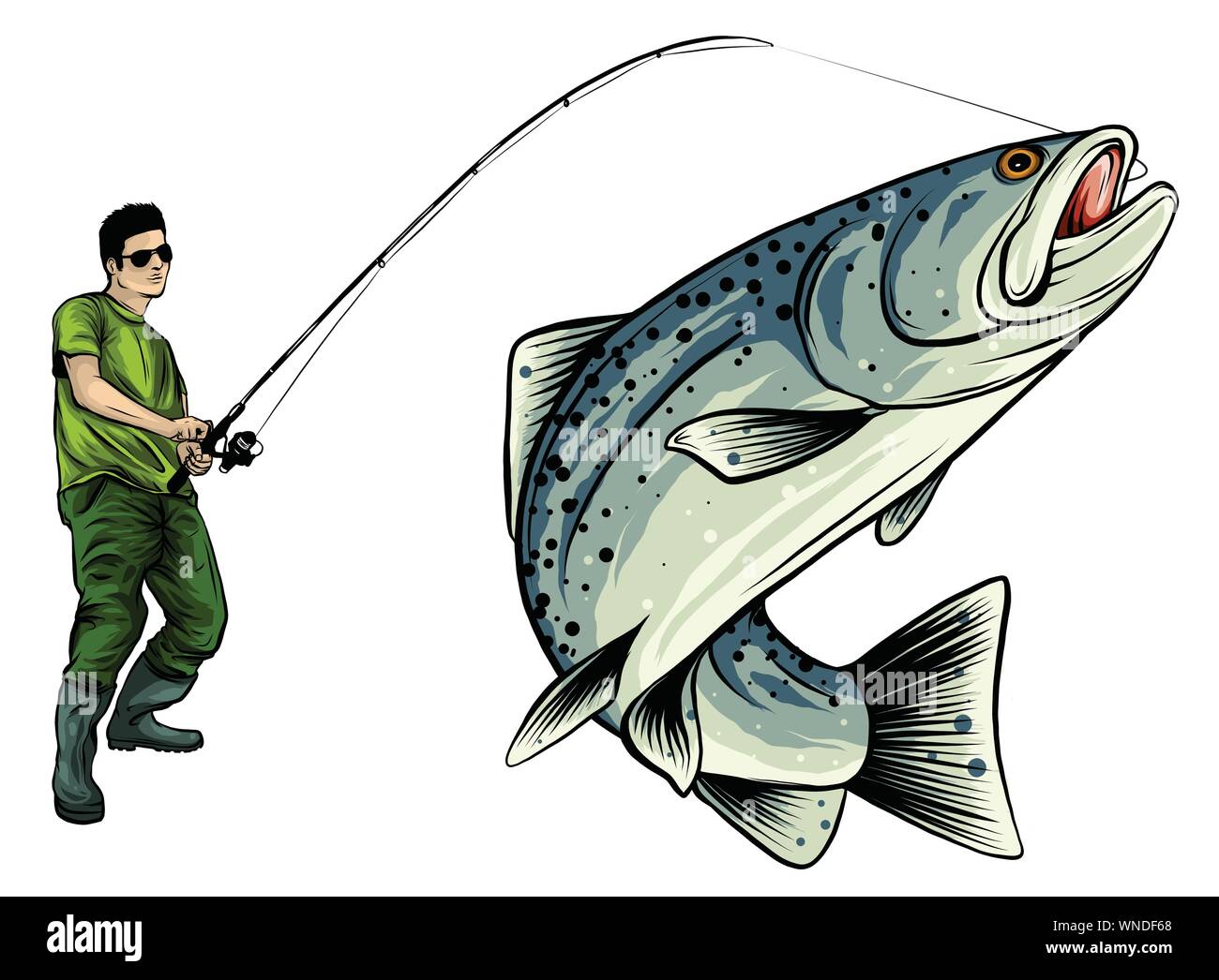 Conception de la pêche pour la lutte antivectorielle. Un pêcheur attrape un voile sur une vague. Illustration de Vecteur