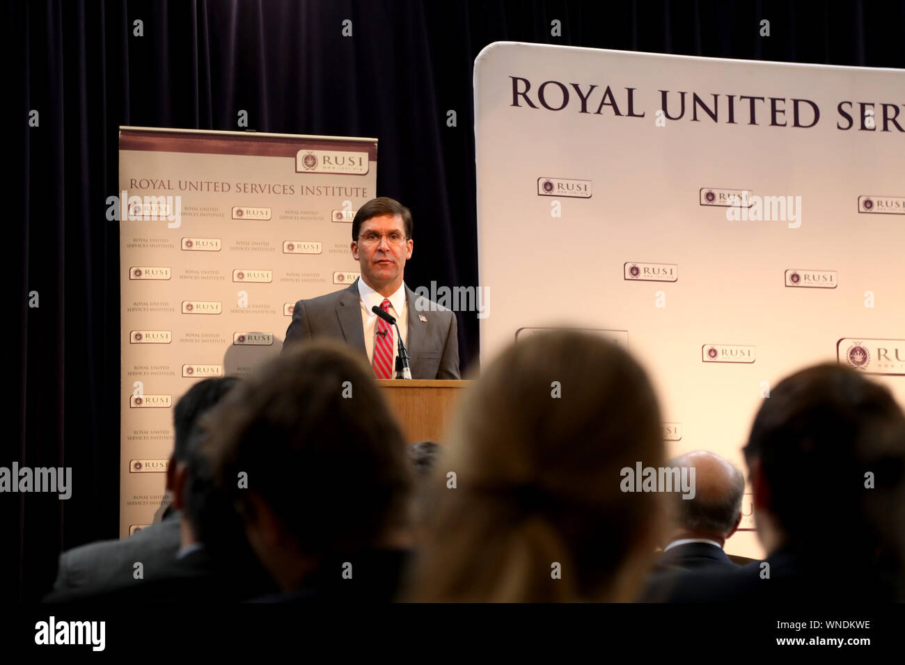 London / UK - septembre 6, 2019 : Mark Esper, Ministre de la Défense, parlant au Royal United Services Institute Banque D'Images