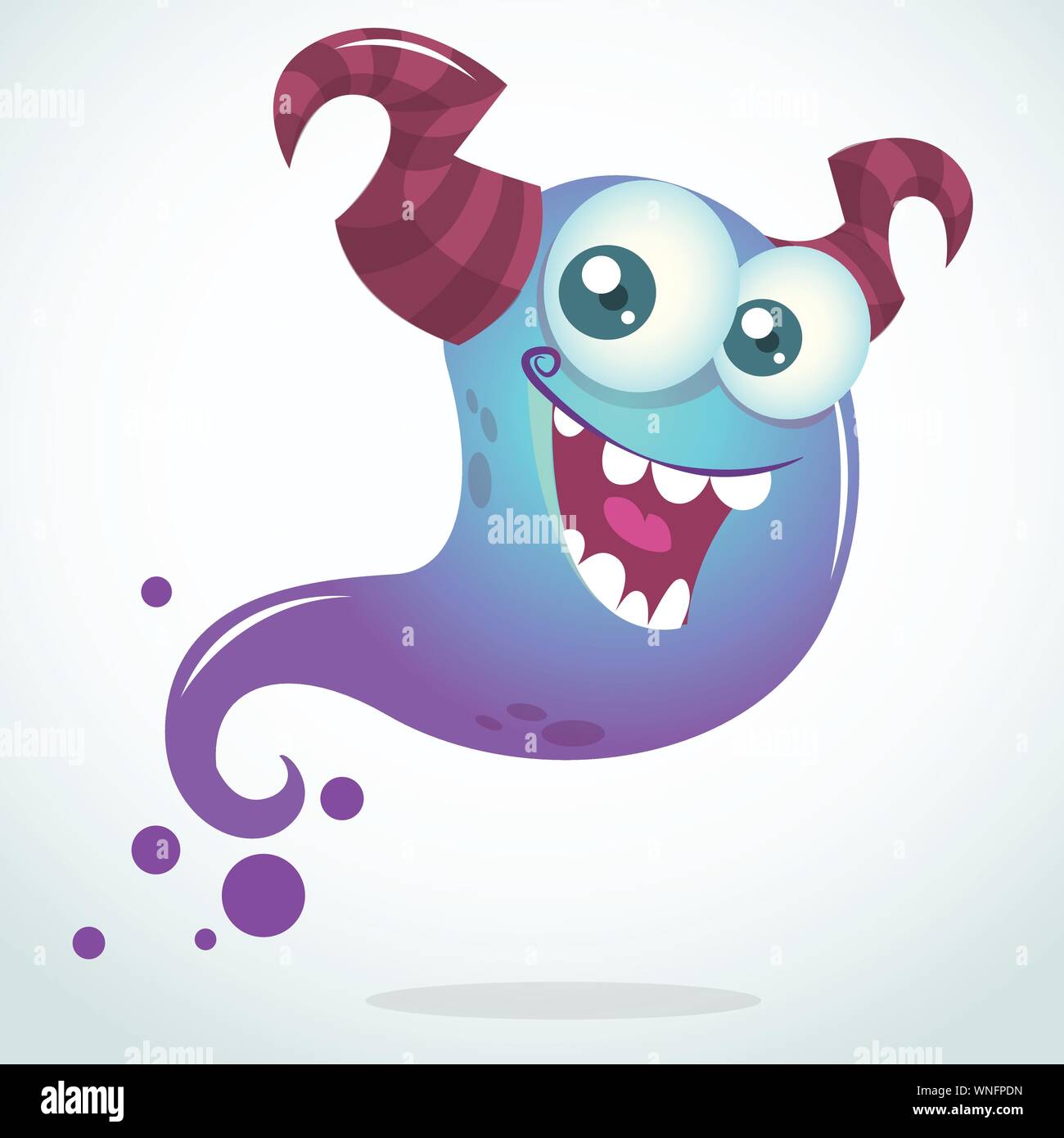 Cartoon Happy Ghost bleu avec deux cornes et de grands yeux. Caractère Halloween vecteur Illustration de Vecteur