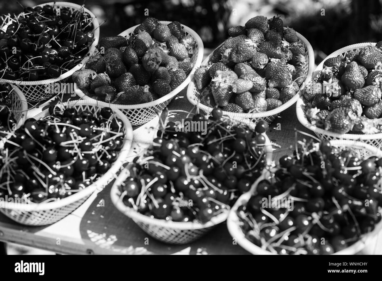 Marché à la ferme. La récolte d'été. Les baies mûres rouges. Petits fruits juteux de jardin. Acheter des fruits frais. Petits fruits biologiques. Des en-cas délicieux. Des baies. Les cerises et les fraises dans des paniers pour les vendre. Banque D'Images