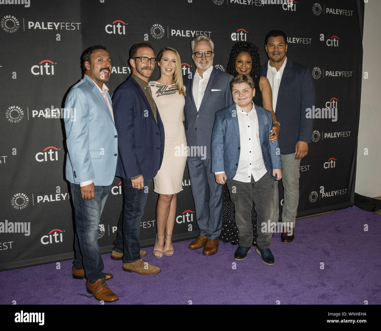 Le 5 septembre 2019, Los Angeles, Californie, USA : De G à D : RIZWAN MANJI, GREENBERG, Anna Camp, Bradley Whitford, Allport, TYMBERLEE SPENCER HILL, et GENO SEGERS assister à la CCBN Présentation de ''parfaite harmonie'' au 2019 PaleyFest Fall TV Bandes-annonces au Paley Center for Media à Beverly Hills, Californie (crédit Image : © Charlie Steffens/Zuma sur le fil) Banque D'Images