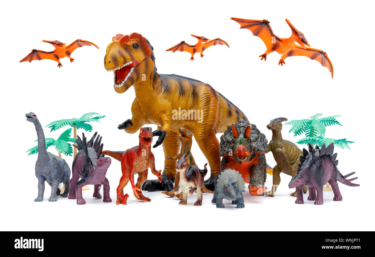 Un groupe de dinosaures se ruant vers l'observateur, tourné sur un fond blanc Banque D'Images