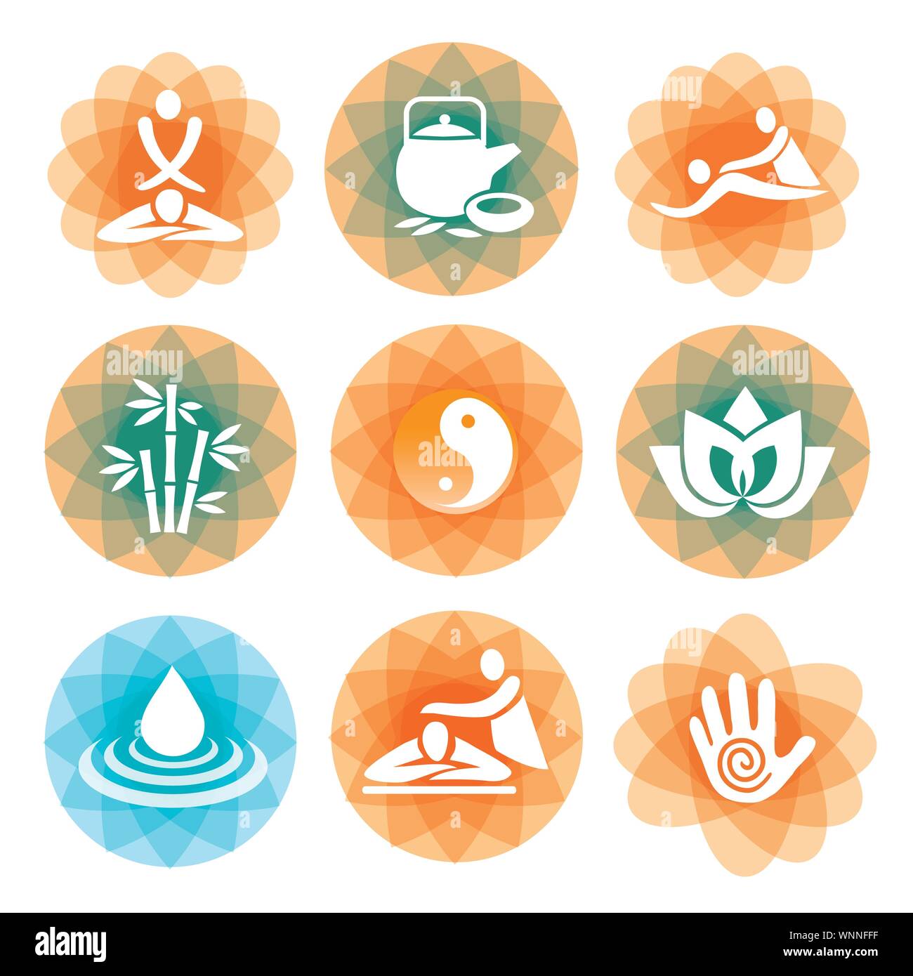 Symboles massage spa horizons. Ensemble d'icônes colorées sur fond décoratif circulaire.Vector disponibles. Illustration de Vecteur