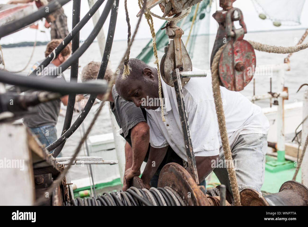 Les pêcheurs commerciaux travaillant sur le pont d'un bateau de la crevette en Caroline du Sud Banque D'Images