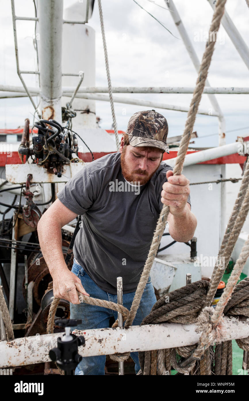 Pêcheur commercial travaillant sur le pont d'un navire en Caroline du Sud Banque D'Images