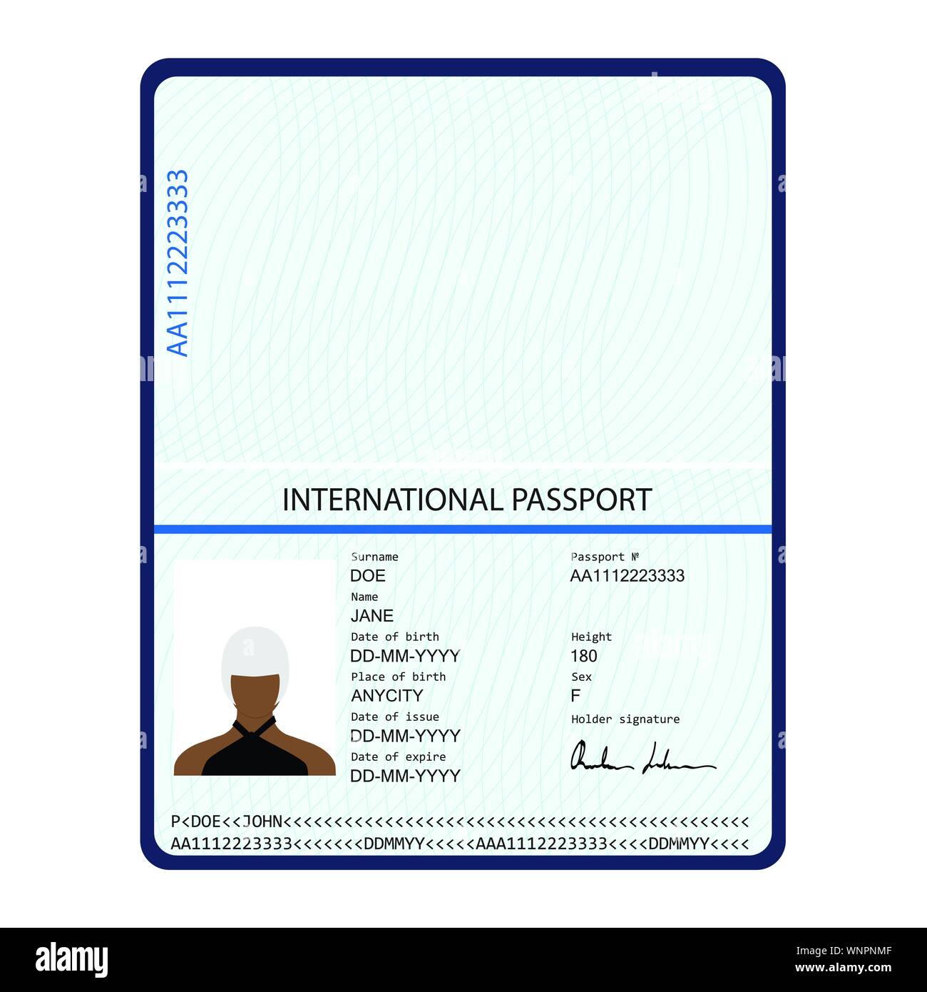 Passeport avec données biométriques. Document d'identification. passeport international avec des exemples de modèle de page Données personnelles Illustration de Vecteur