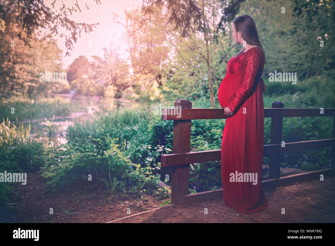 Jeune femme enceinte dans la belle robe rouge est à la recherche et le lac. Fille active dans la grossesse. Photos de Mode Portrait outdoor Banque D'Images