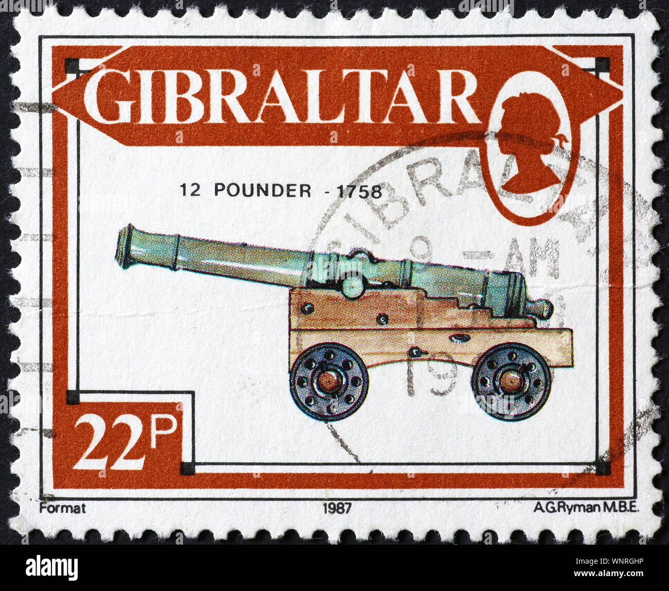 Armes à feu anciennes sur timbre-poste de Gibraltar Banque D'Images