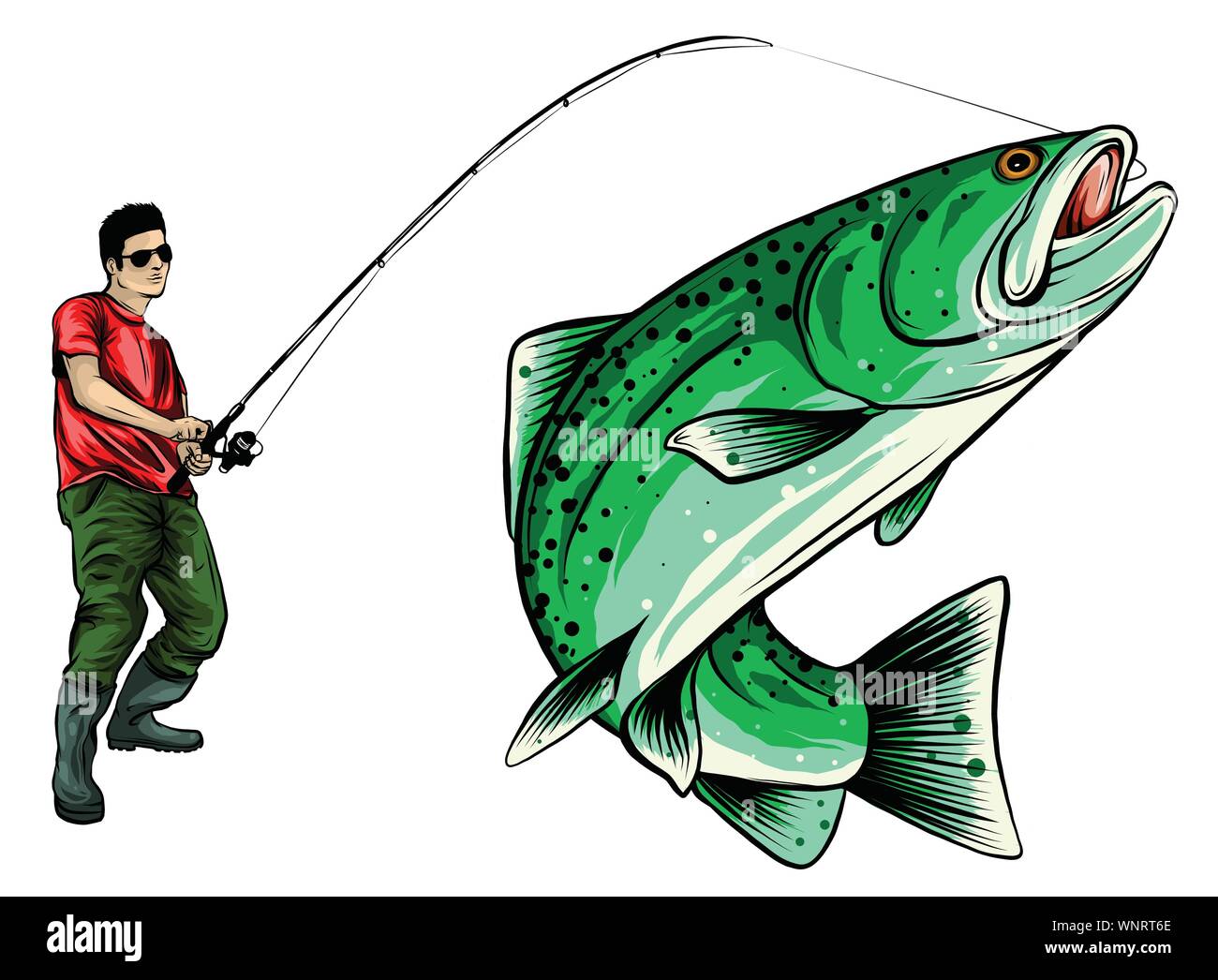 Conception de la pêche pour la lutte antivectorielle. Un pêcheur attrape un voile sur une vague. Illustration de Vecteur