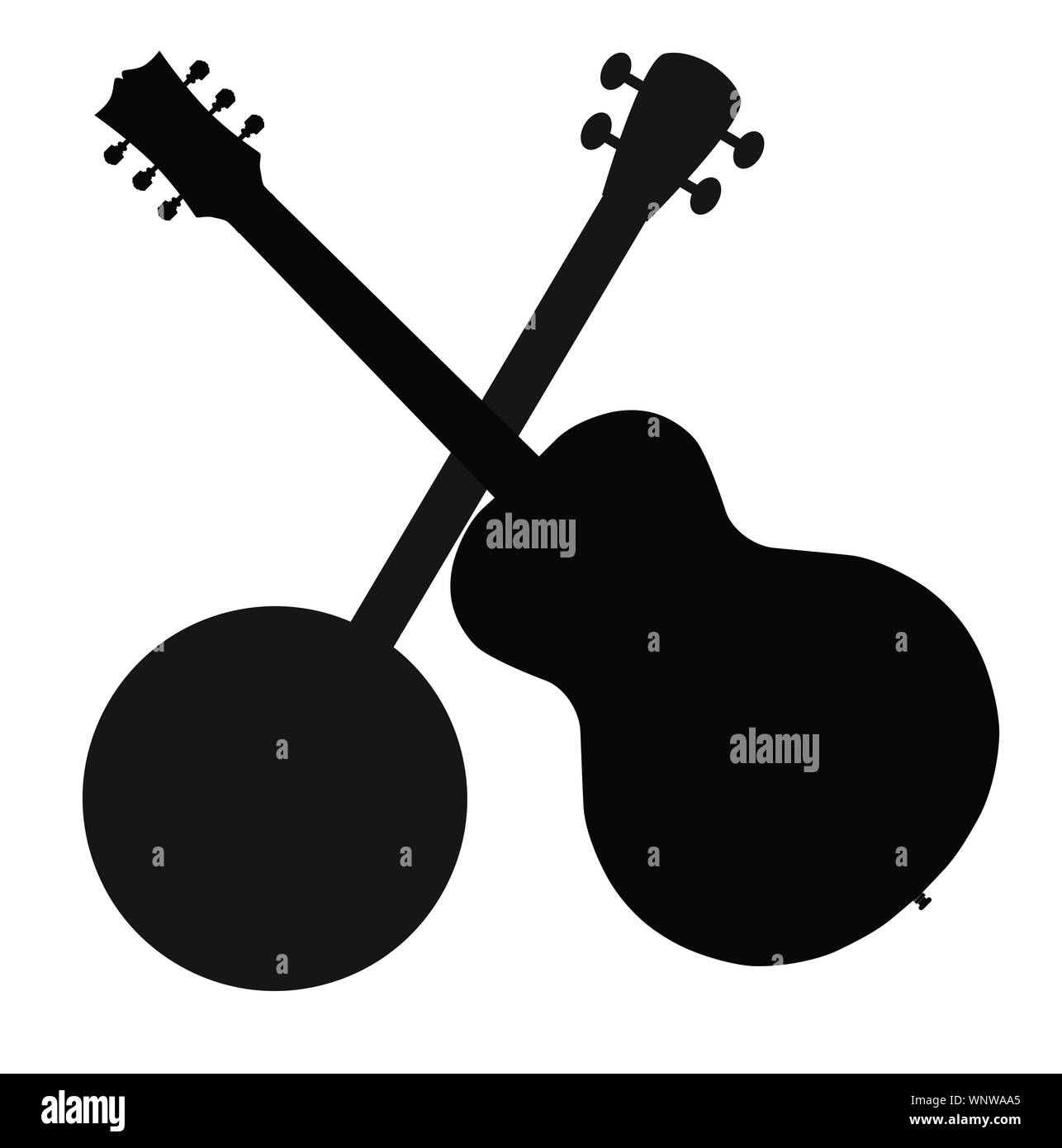 Un typique quatre string banjo en silhouette avec une guitare acoustique sur un fond blanc Illustration de Vecteur