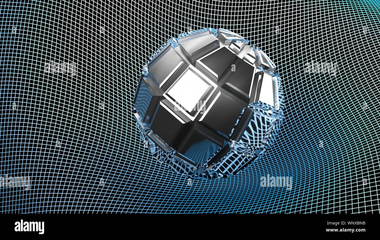 Chrome Métallique en relief abstrait objet sur une grille déformée - surface de rendu 3D illustration Banque D'Images