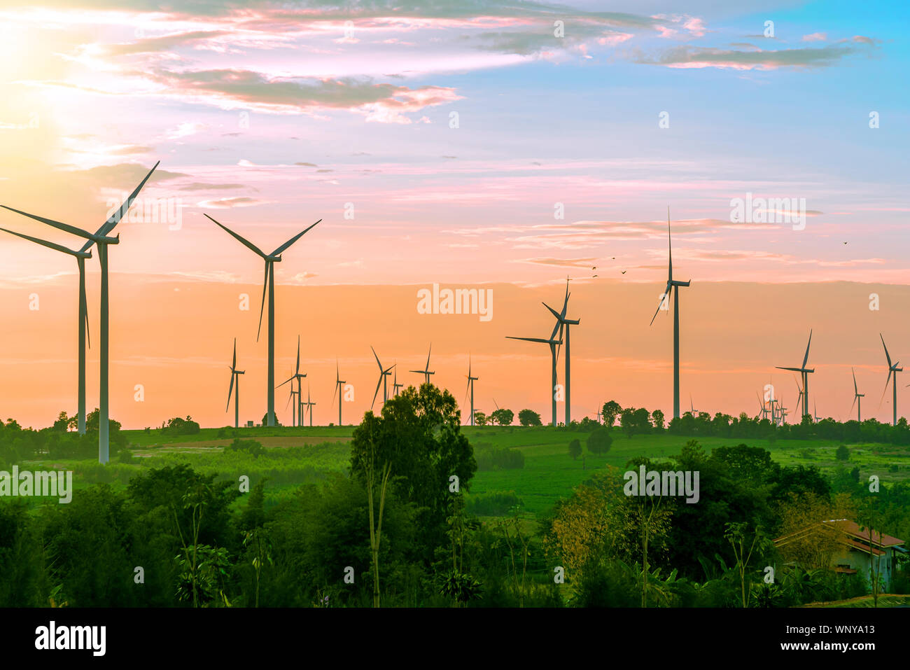 Paysage de grandes fermes éoliennes dont l'énergie de remplacement pour la production d'innovation de l'énergie éolienne l'électricité à partir de l'énergie l'économie d'énergie renouvelable .fr Banque D'Images