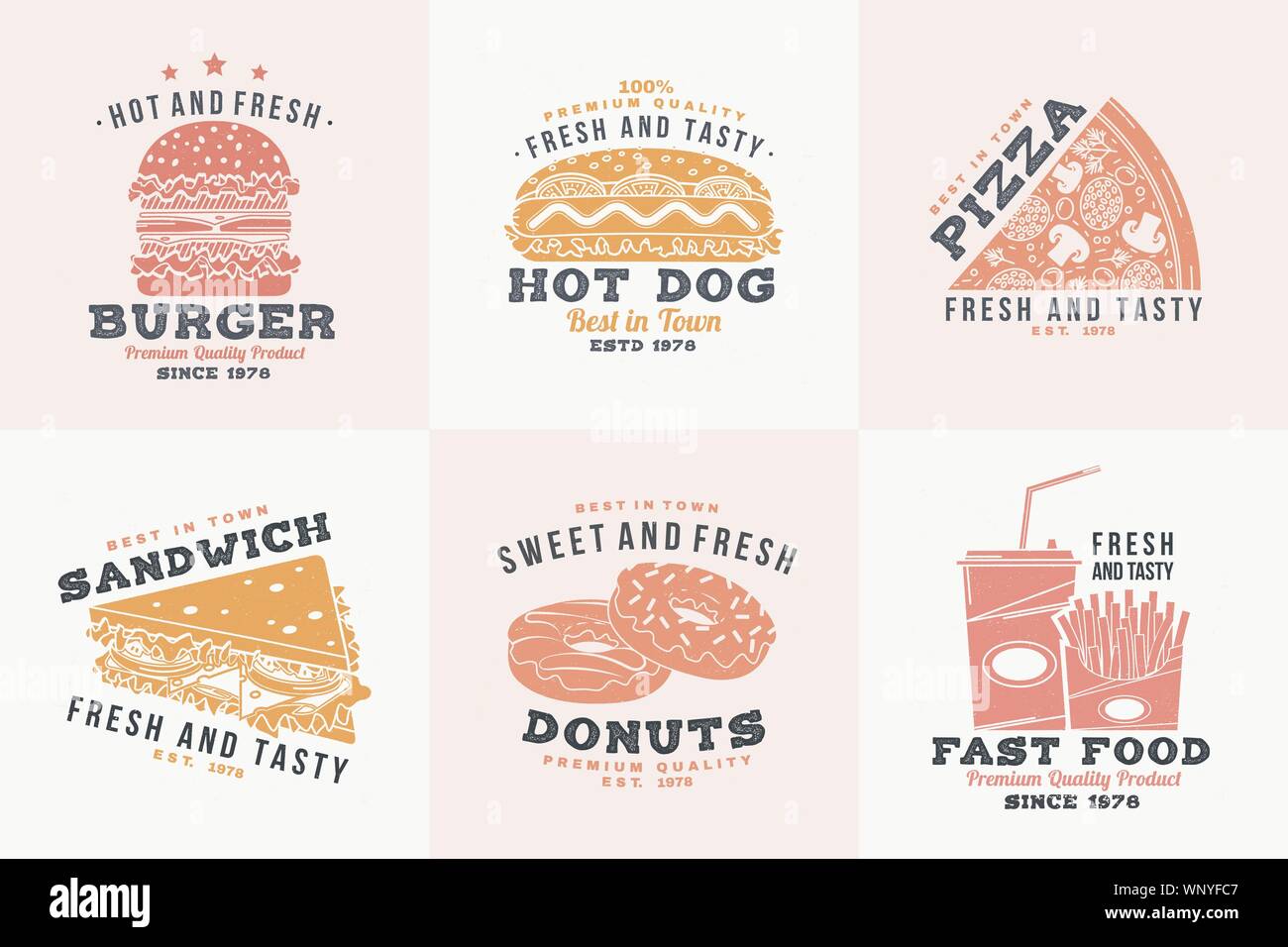 Ensemble de restauration rapide badge rétro design. Vecteur. Vintage design avec hot-dog, hamburger, pizza pour café, restaurant, pub ou fast food business. Modèle pour les objets d'identité restaurant, l'emballage et menu Illustration de Vecteur Ensemble de restauration rapide badge rétro design. Vecteur. Vintage design avec hot-dog, hamburger, pizza pour café, restaurant, pub ou fast food business. Modèle pour les objets d'identité restaurant, l'emballage et menu Illustration de Vecteur