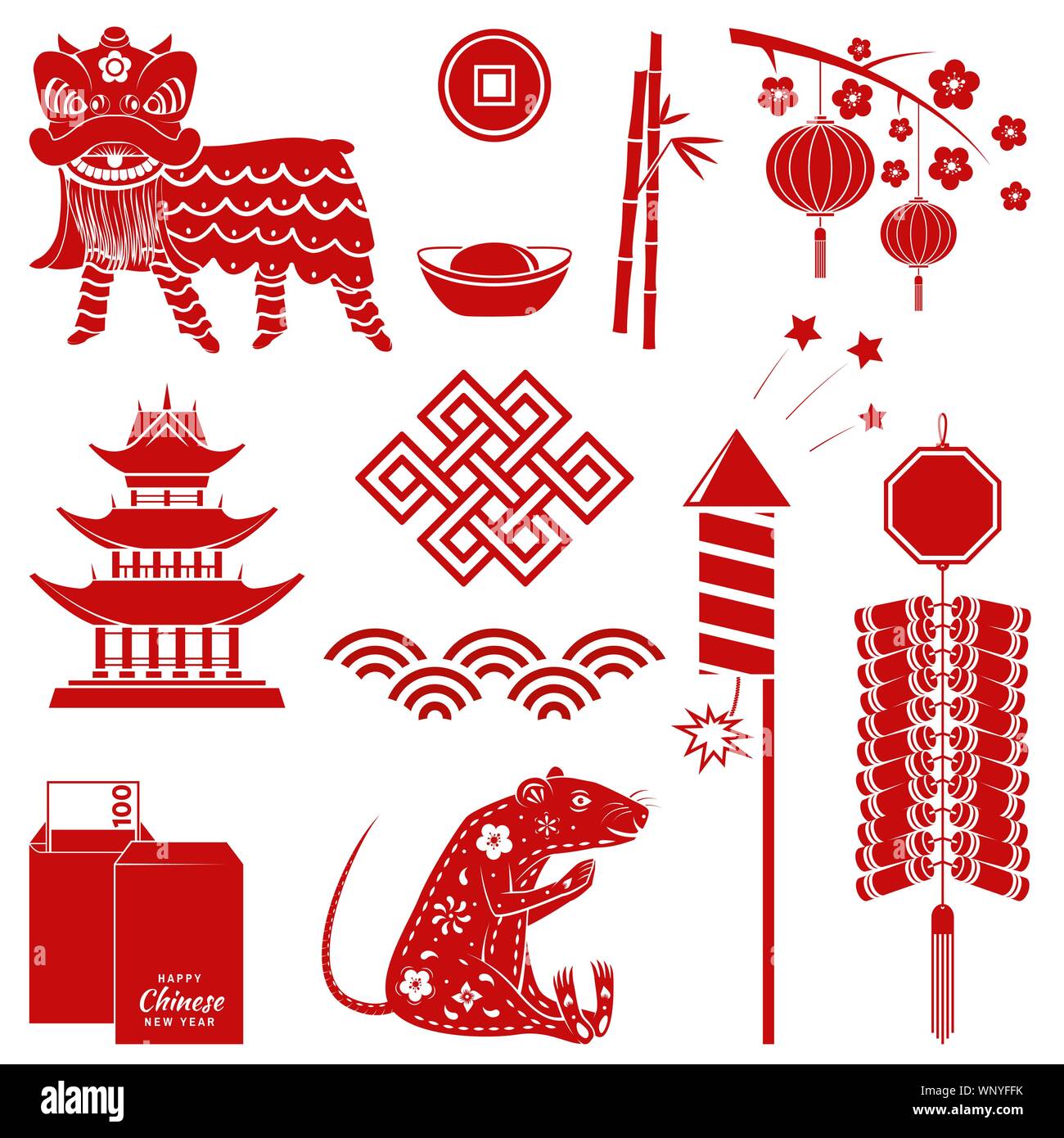Ensemble de nouvel an chinois rouge silhouette d'icônes. Vector illustration. Set : pétard, lion chinois, rat, enveloppe, l'argent et du matériel pour la célébration du nouvel an chinois. Illustration de Vecteur Ensemble de nouvel an chinois rouge silhouette d'icônes. Vector illustration. Set : pétard, lion chinois, rat, enveloppe, l'argent et du matériel pour la célébration du nouvel an chinois. Illustration de Vecteur