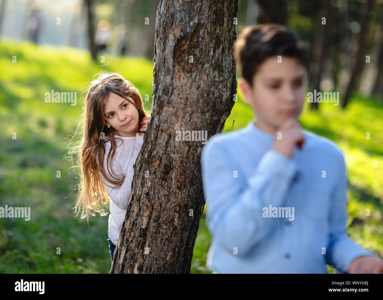 Garçon et fille joue à cache-cache dans le parc. Girl sur petit ami. Fille de se cacher derrière l'arbre et traîner sur garçon. Banque D'Images