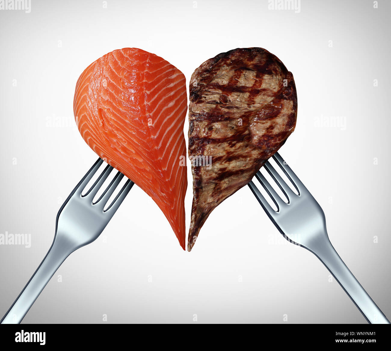Surf and Turf concept comme la viande et les fruits de mer et steak ou symbole du saumon comme un repas gastronomique dans un restaurant fish coupes de boeuf avec 3D illustration. Banque D'Images