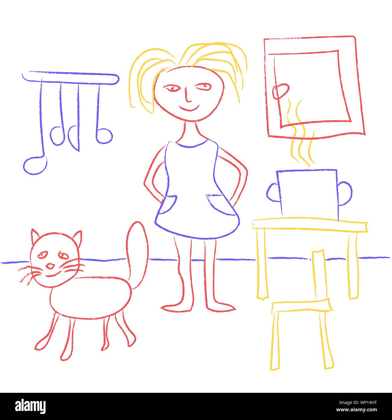 Dessin d'enfant avec des crayons. Cute kids doodle représentant une fillette et un chat dans la cuisine. Fille ou Femme à la cuisson des aliments. Vector EPS10 Illustration de Vecteur