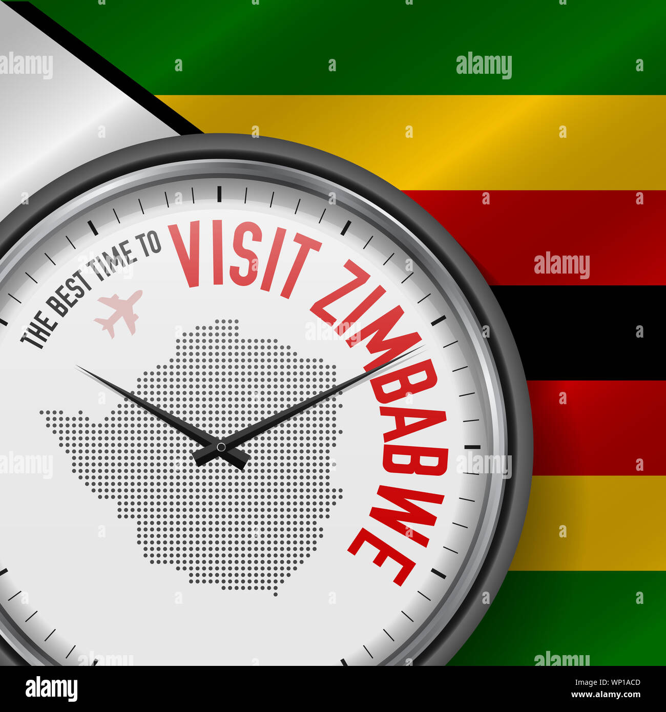 Le meilleur moment pour visiter le Zimbabwe. Voyage au Zimbabwe. Vol touristique. Waving Flag Background and Dots Pattern Map sur le cadran. L'illustration. Banque D'Images