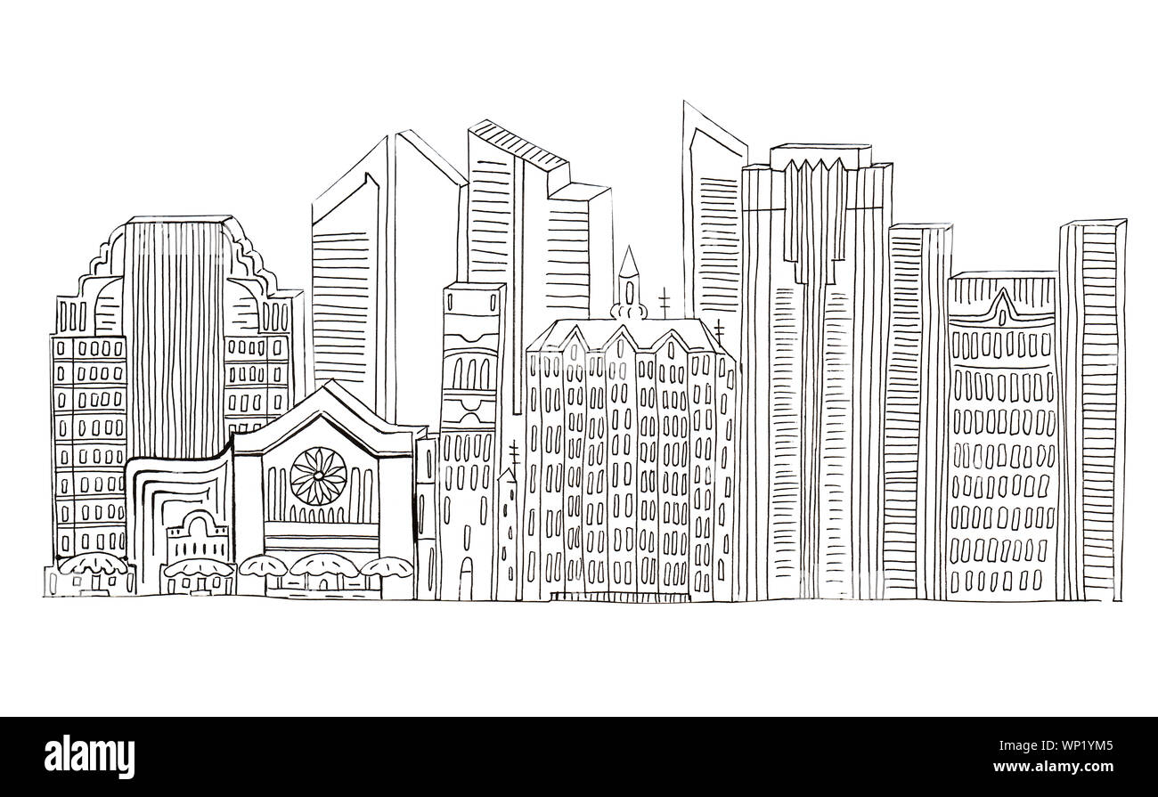Illustration de l'esquisse de contour noir sur fond blanc villes skyline fond isolé. Banque D'Images
