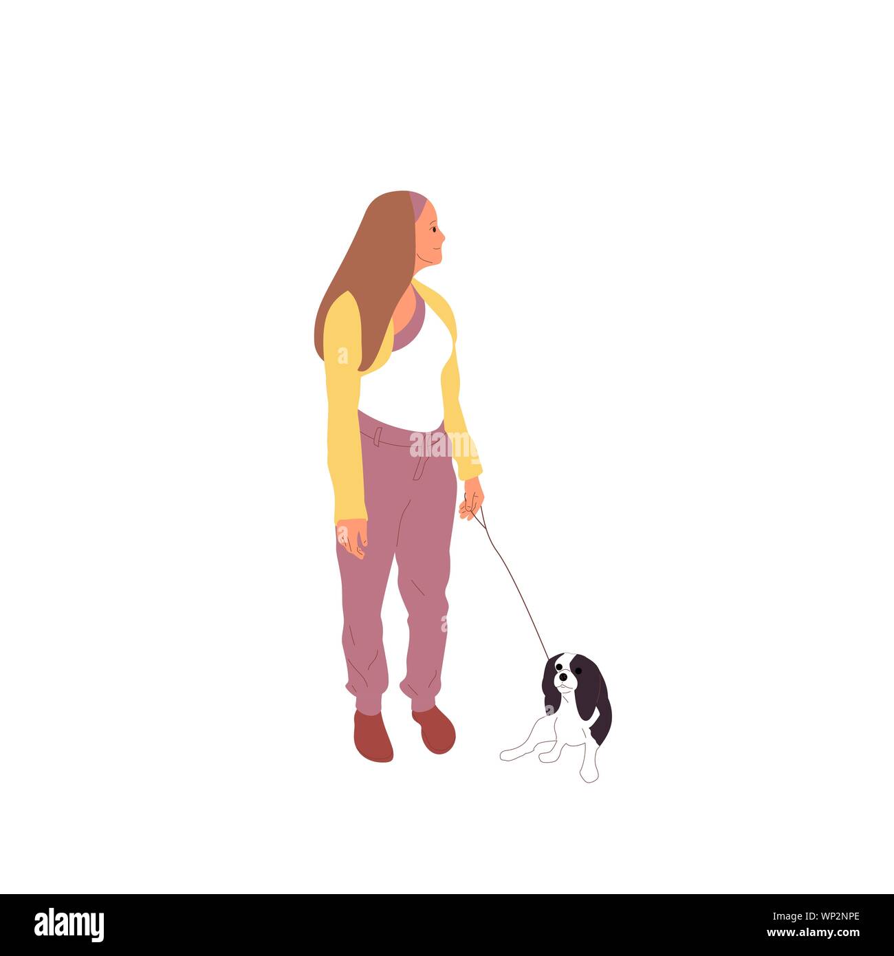 Jeune fille marche avec un cavalier king charles spaniel.chien en laisse. Isolé sur fond blanc. Télévision cartoon style vector stock Illustration de Vecteur