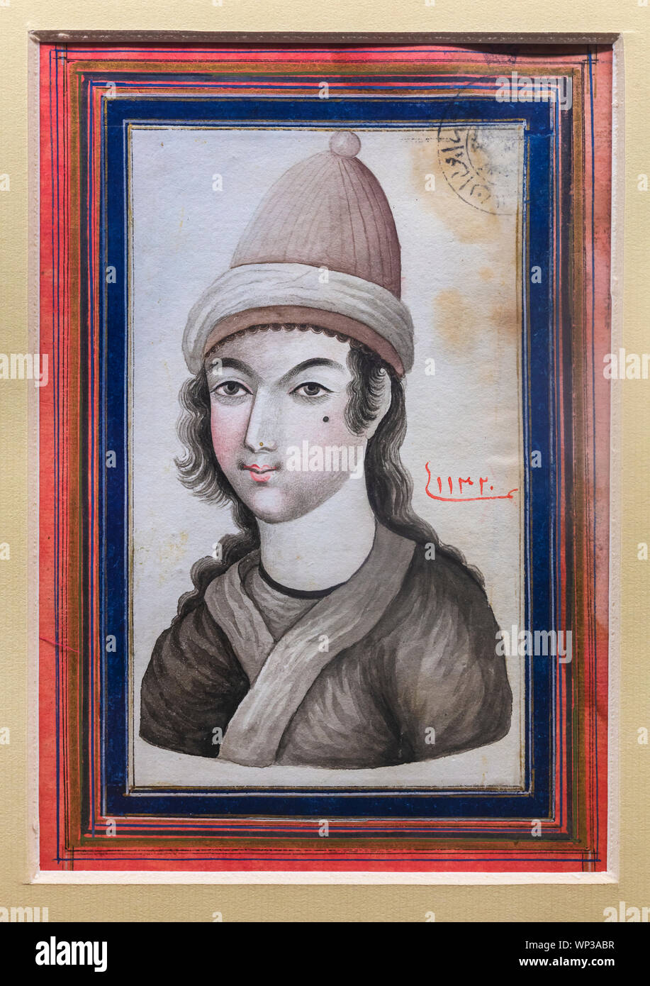Portrait de jeune homme, encre noire peinture, 18ème siècle, musée de l'ère islamique, Musée National d'Iran, Téhéran, Iran Banque D'Images