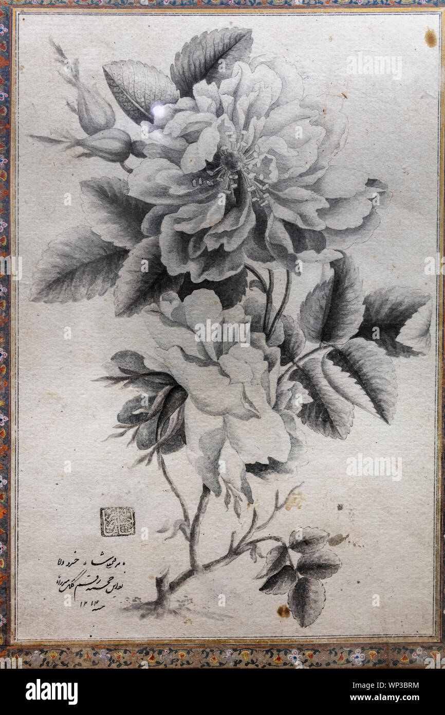 Fleur Rose, encre noire peinture, 1799, Musée de l'ère islamique, Musée National d'Iran, Téhéran, Iran Banque D'Images