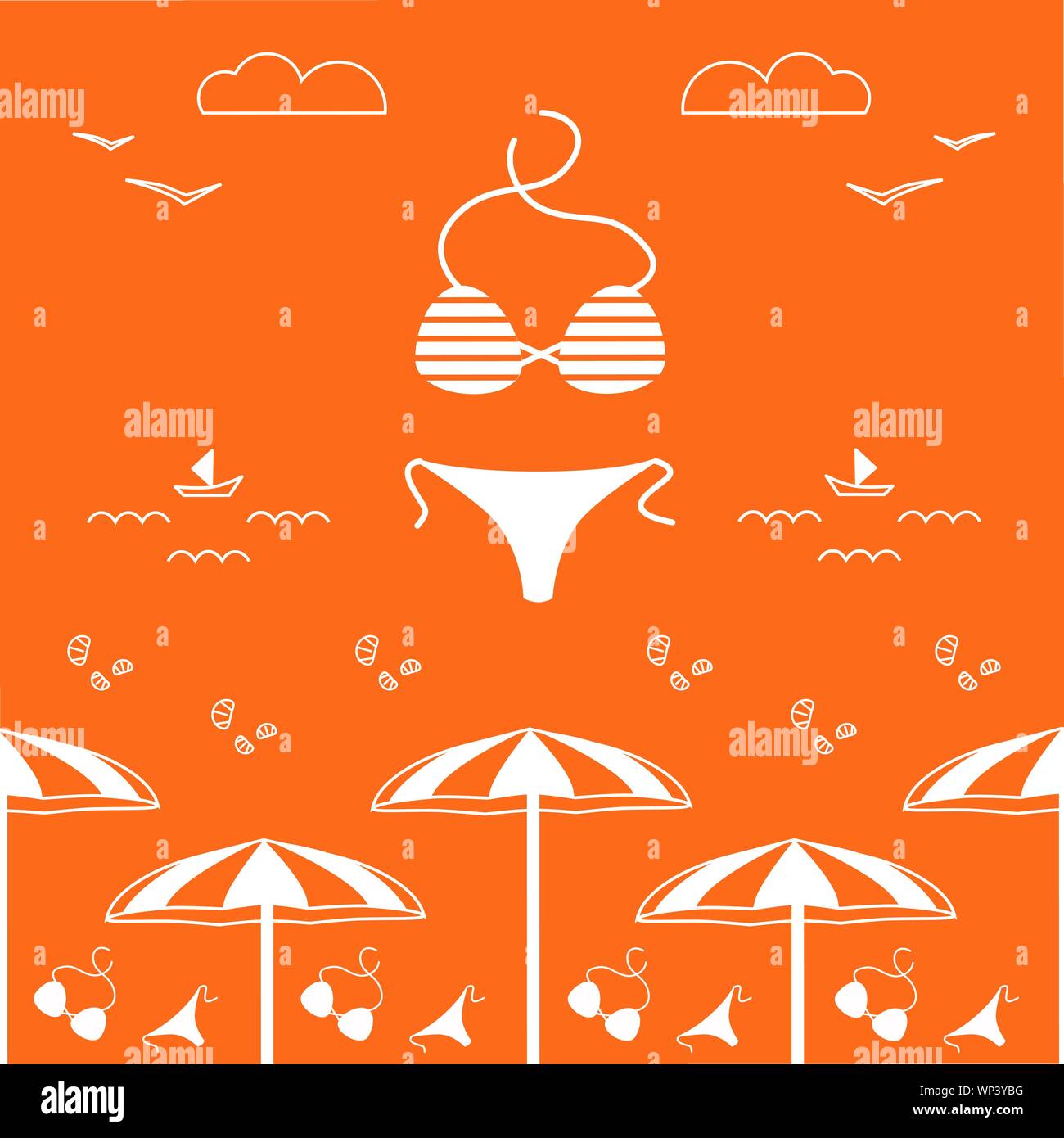 Temps d'été, vecteur conception bannière carrée motif transparent, site web. Illustration de maillot, coquillages, parasol, sable, vagues, bateau, Seagull, cloud Illustration de Vecteur