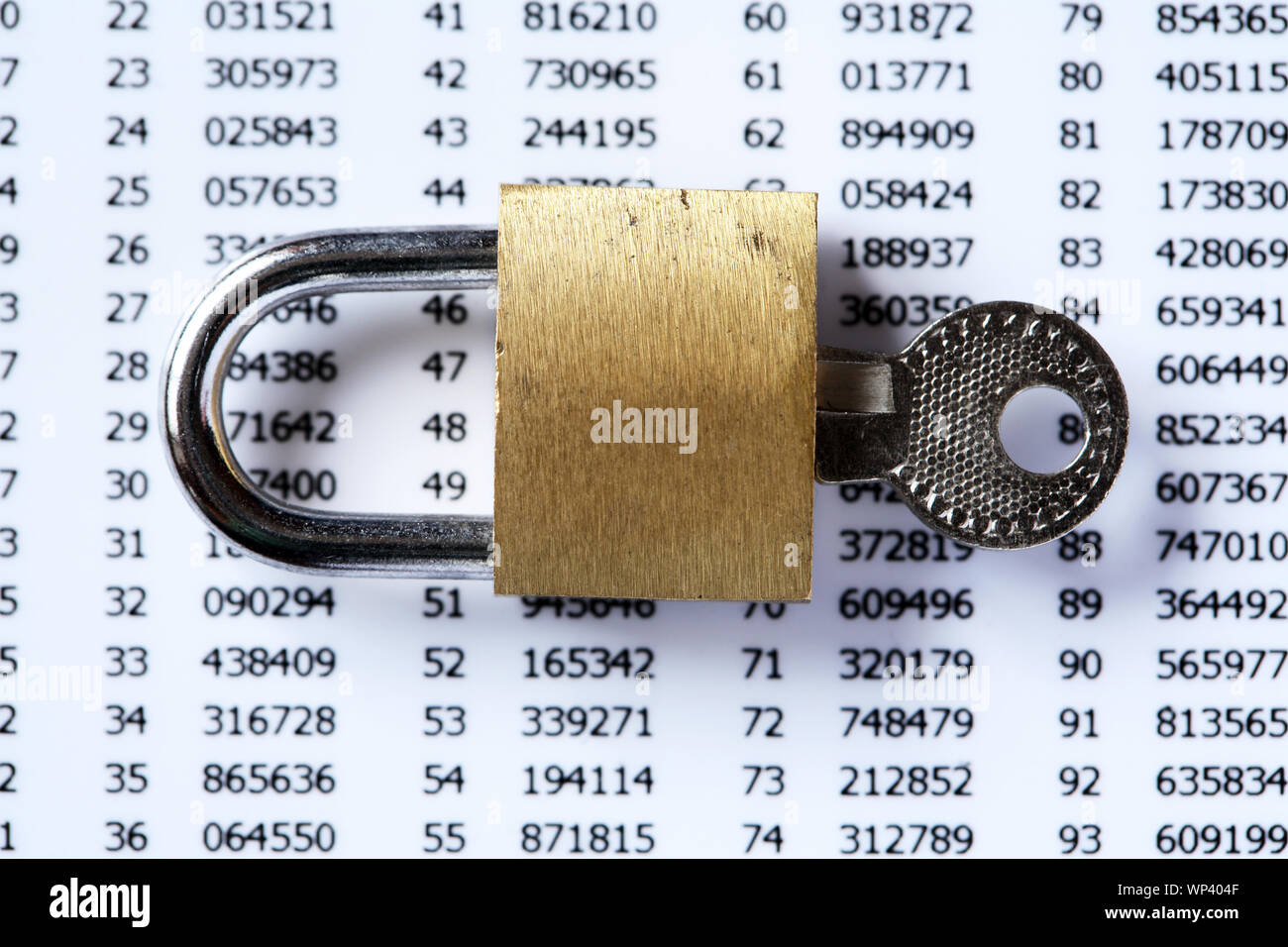 Concept de sécurité financière. Cadenas et clé sur carte en plastique blanc avec chiffres Banque D'Images