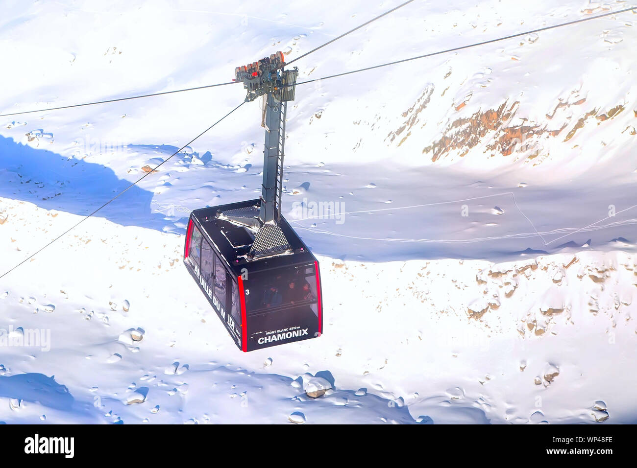 Chamonix, France - 28 janvier 2015 : téléphérique Téléphérique Auguille du Midi Banque D'Images