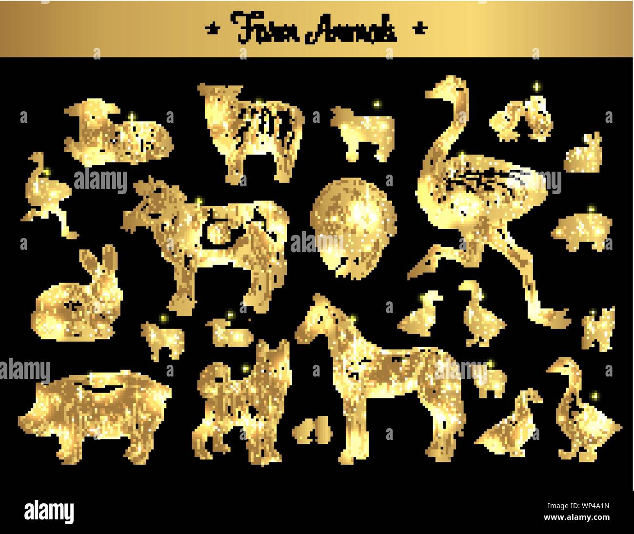 Ensemble de golden vintage isolés et royal des croquis d'animaux de ferme. Porc ou le porc, le chien et le cheval, ferme ou lapin, lapin et vache, chameau ou d'autruche-bird, la Turquie et les poulets, canard. Thème des animaux domestiques Illustration de Vecteur