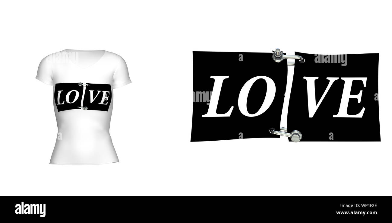 L'inscription 'Love' sur le t-shirt femme. Pour plus de clarté, attaché t-shirt avec cette inscription. Isolé sur fond blanc. 3D illustration Banque D'Images