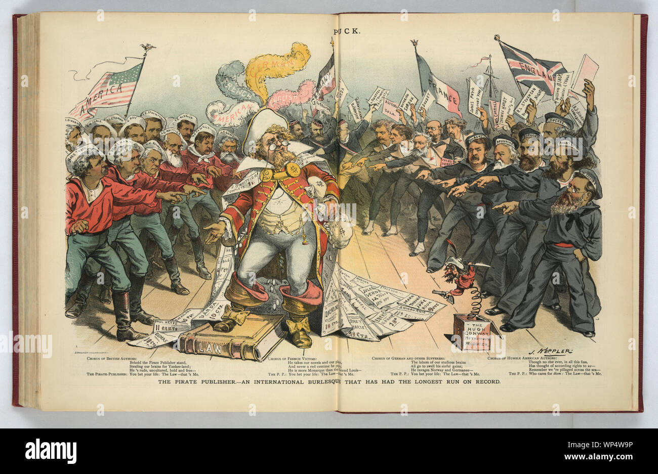 L'éditeur-Pirate Un Burlesque International qui a le plus long jamais enregistré par Joseph Ferdinand Keppler, publié sous forme de double page centrale en rondelle, c. 18, no. 468, février 1886 (24). Un commentaire sur l'état de droit d'auteur à l'époque, qui offre généralement aucune protection aux gens à l'extérieur de leur propre pays. Des hordes d'allemands, norvégiens, français, anglais, et auteurs américains entourent un éditeur qui prend leurs œuvres nouvellement crée et réédite sans crédit dans un pays différent - comme la loi alors admis. De note est W. S. Gilbert sur le droit, que les questions relatives à la production de pirates Banque D'Images